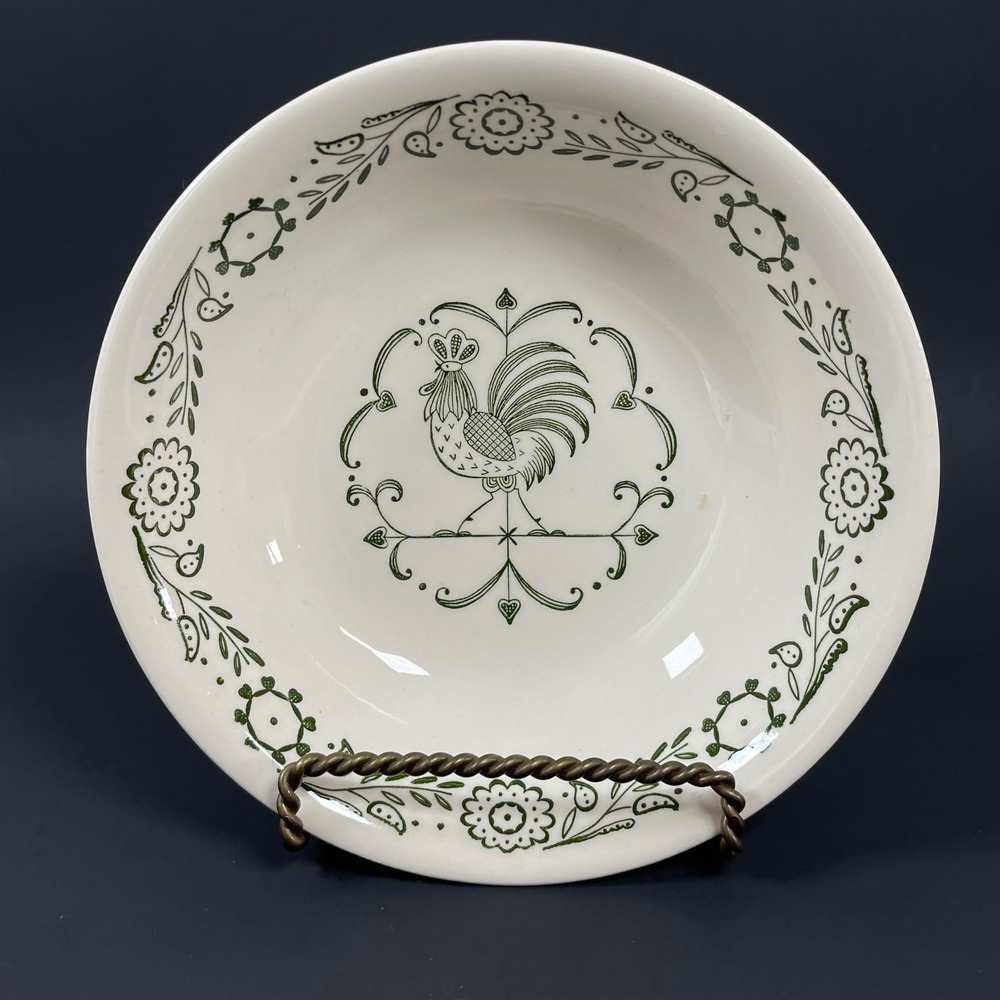 Scio Pottery Provincial Cereal Soup Bowl Green White Rooster Weathervane 1960s